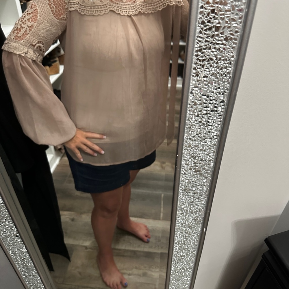Elegant Lace Trim Blouse - brown L puff sleeve boutique lace